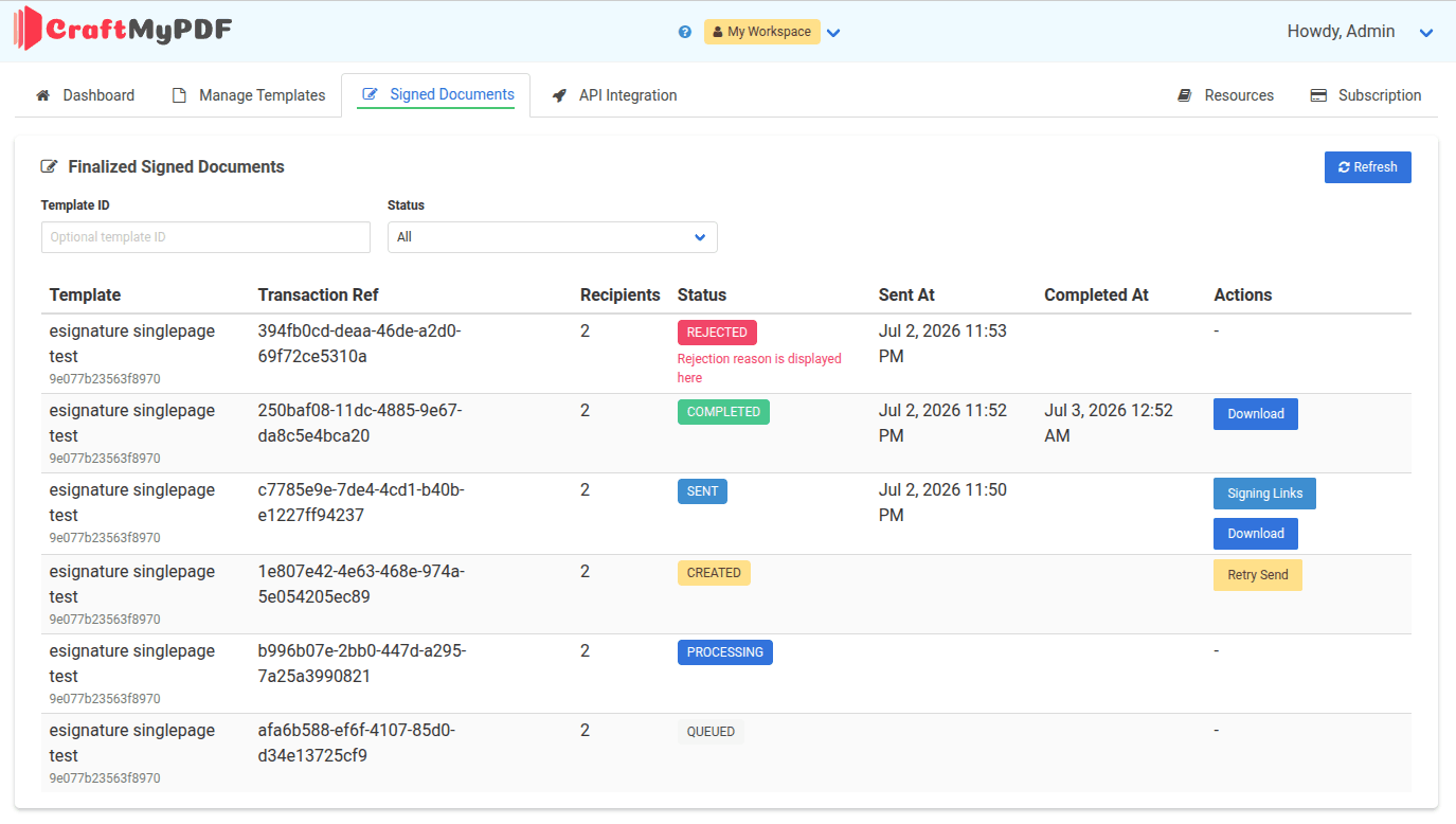 Signed Documents page in the dashboard