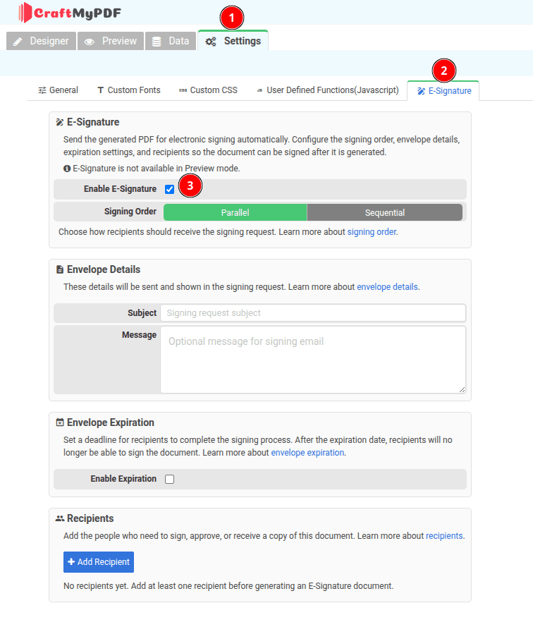 E-Signature settings tab in the template designer