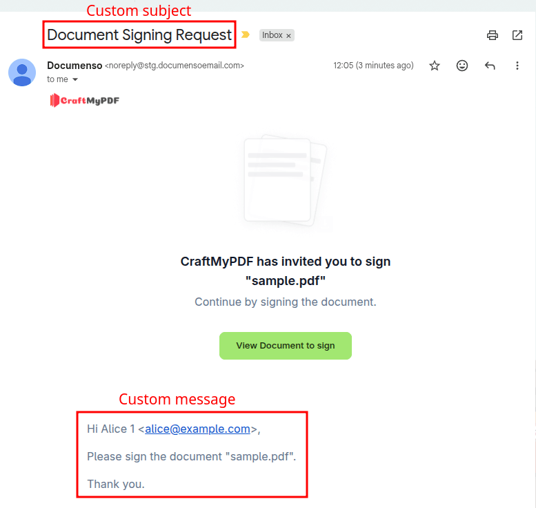 Example signing request email with custom subject and message