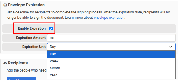 Envelope expiration settings
