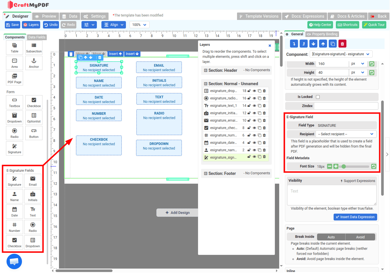 E-Signature field types in the Components panel