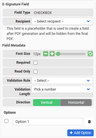 Checkbox field configuration options